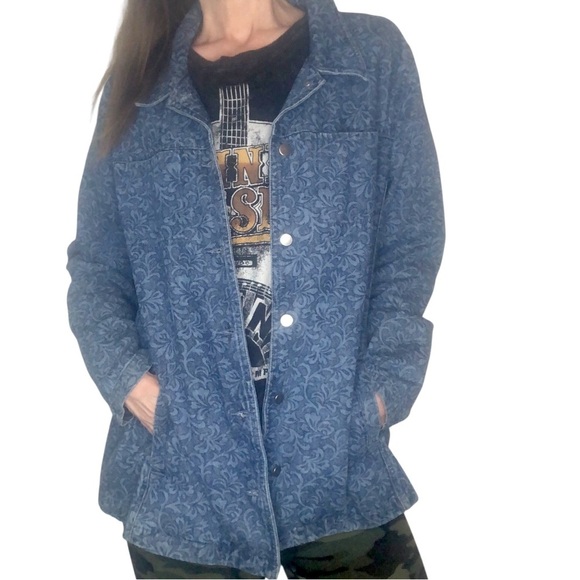 Vtg 80's 90's Field Gear Denim Jacket Sz XL Cotton Long Abstract Floral Print - Picture 1 of 11